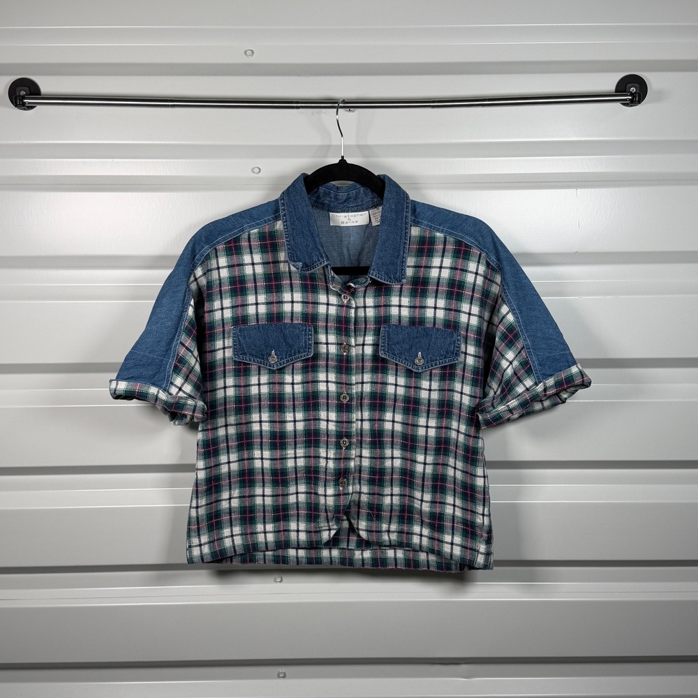 Christopher & Banks Womens Medium Plaid Denim Mix‎ Button Front Shirt Green Blue